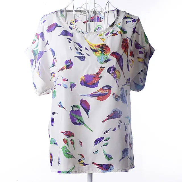 2017 new Large size women printing blouse bird bat shirt short-sleeved chiffon blusas femininas roupas summer style