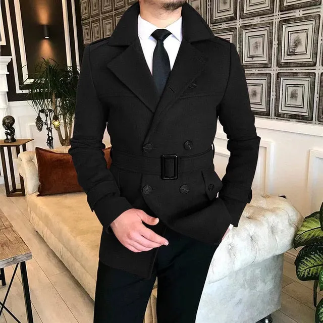 Advbridge Lapel Double Row Button Casual Trench Coat Woolen Coat with Belt Men's Trench Coat Autumn Men's Woolen Business Jacket