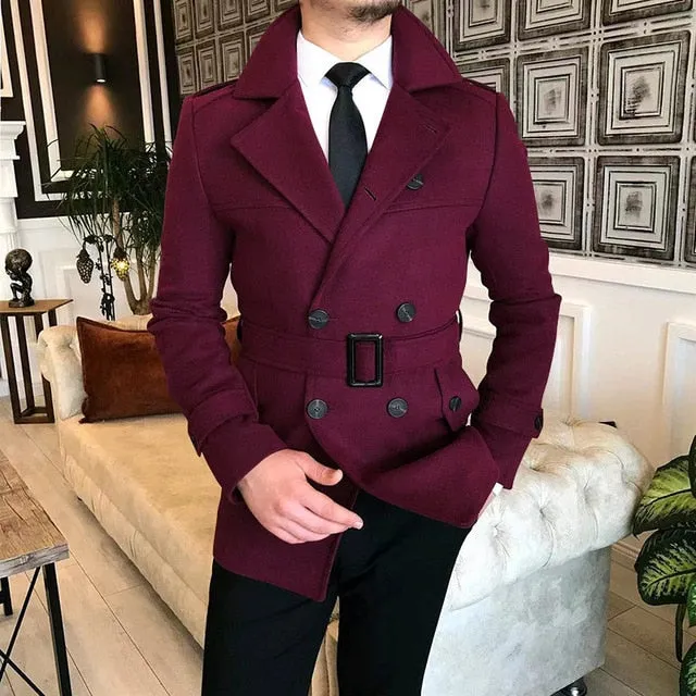 Advbridge Lapel Double Row Button Casual Trench Coat Woolen Coat with Belt Men's Trench Coat Autumn Men's Woolen Business Jacket