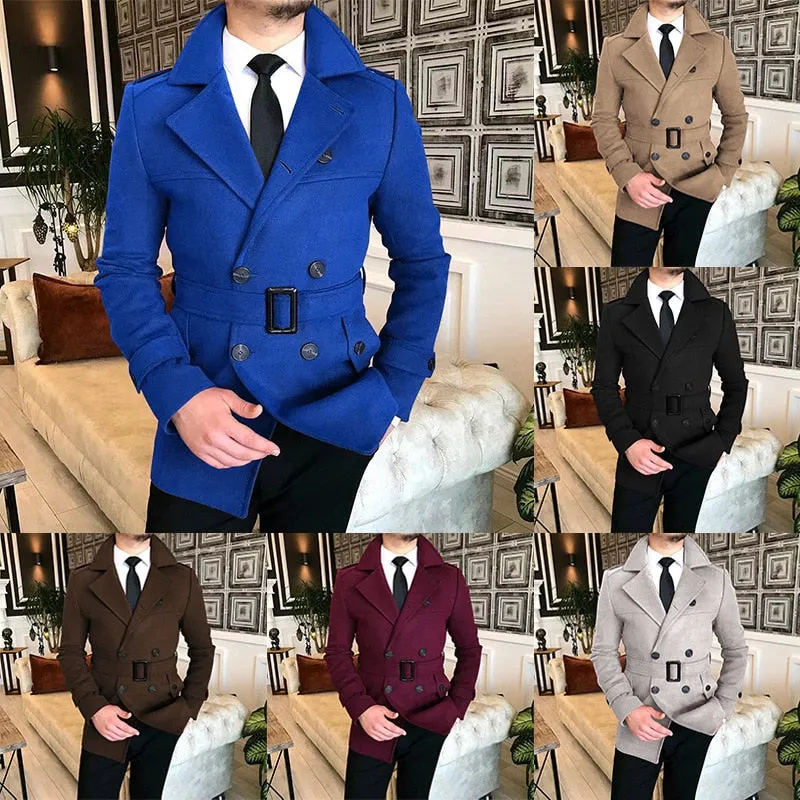 Advbridge Lapel Double Row Button Casual Trench Coat Woolen Coat with Belt Men's Trench Coat Autumn Men's Woolen Business Jacket