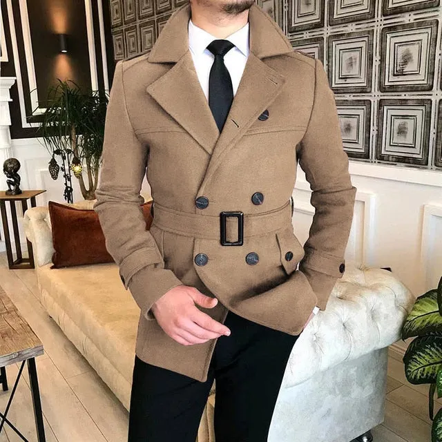 Advbridge Lapel Double Row Button Casual Trench Coat Woolen Coat with Belt Men's Trench Coat Autumn Men's Woolen Business Jacket