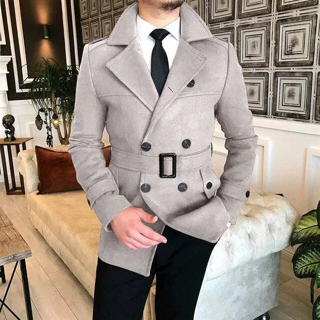 Advbridge Lapel Double Row Button Casual Trench Coat Woolen Coat with Belt Men's Trench Coat Autumn Men's Woolen Business Jacket