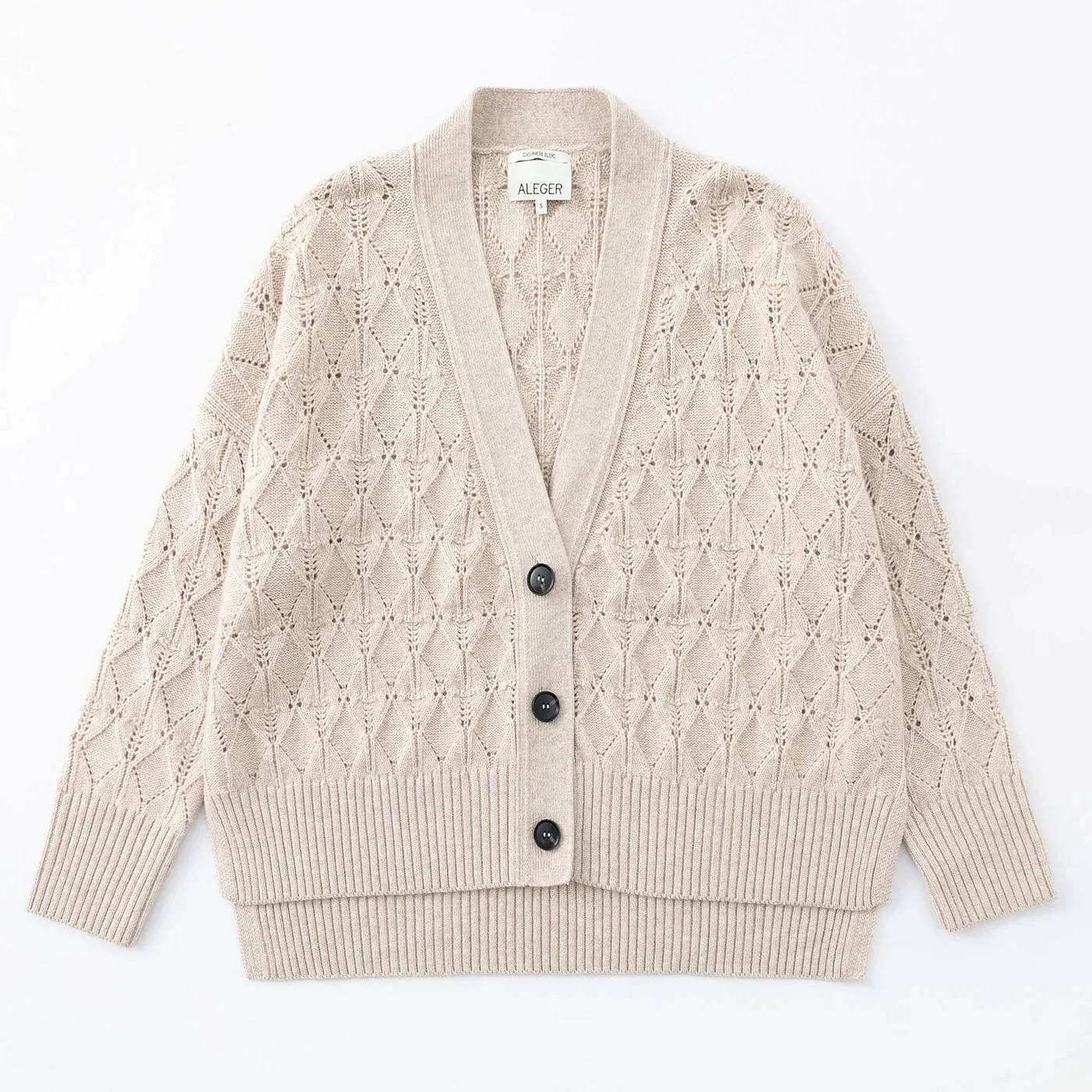 Aleger Cashmere Diamond Detail high Low Cardigan in Oat