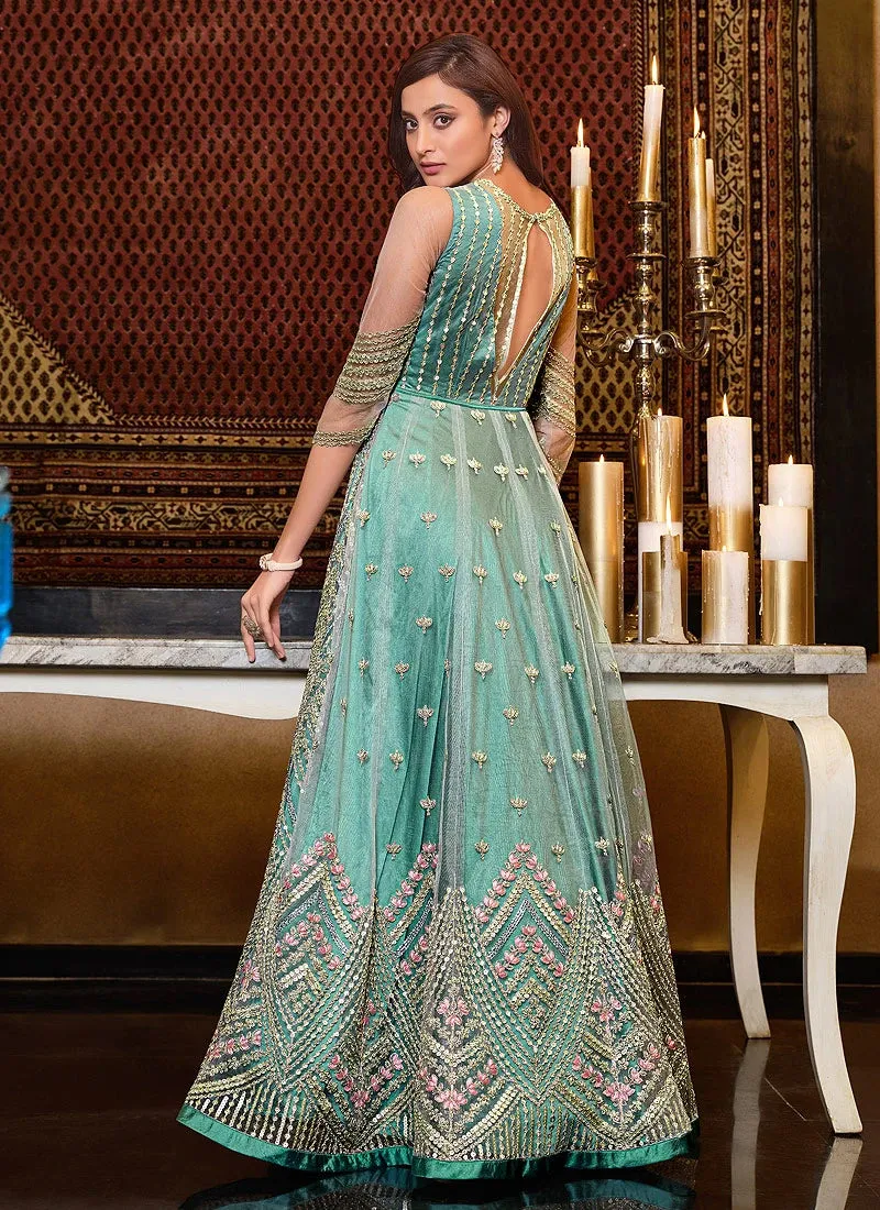 Aqua Blue Mirror Kali Work Embroidered Anarkali Suit