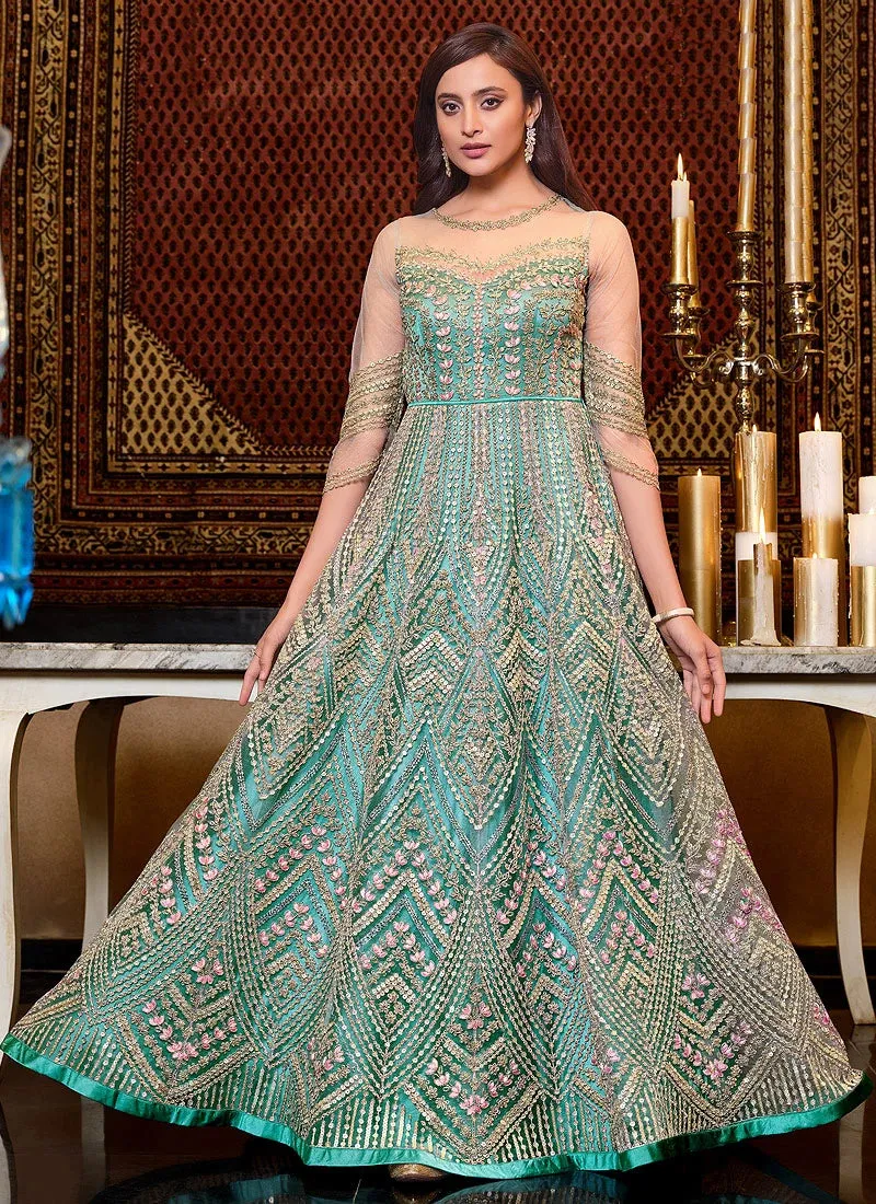 Aqua Blue Mirror Kali Work Embroidered Anarkali Suit