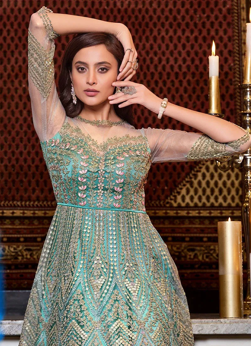 Aqua Blue Mirror Kali Work Embroidered Anarkali Suit