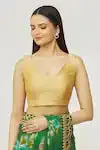 Beautiful Gold Mulberry Plunge V Neck Metallic Sleeveless Solid Blouse For Women