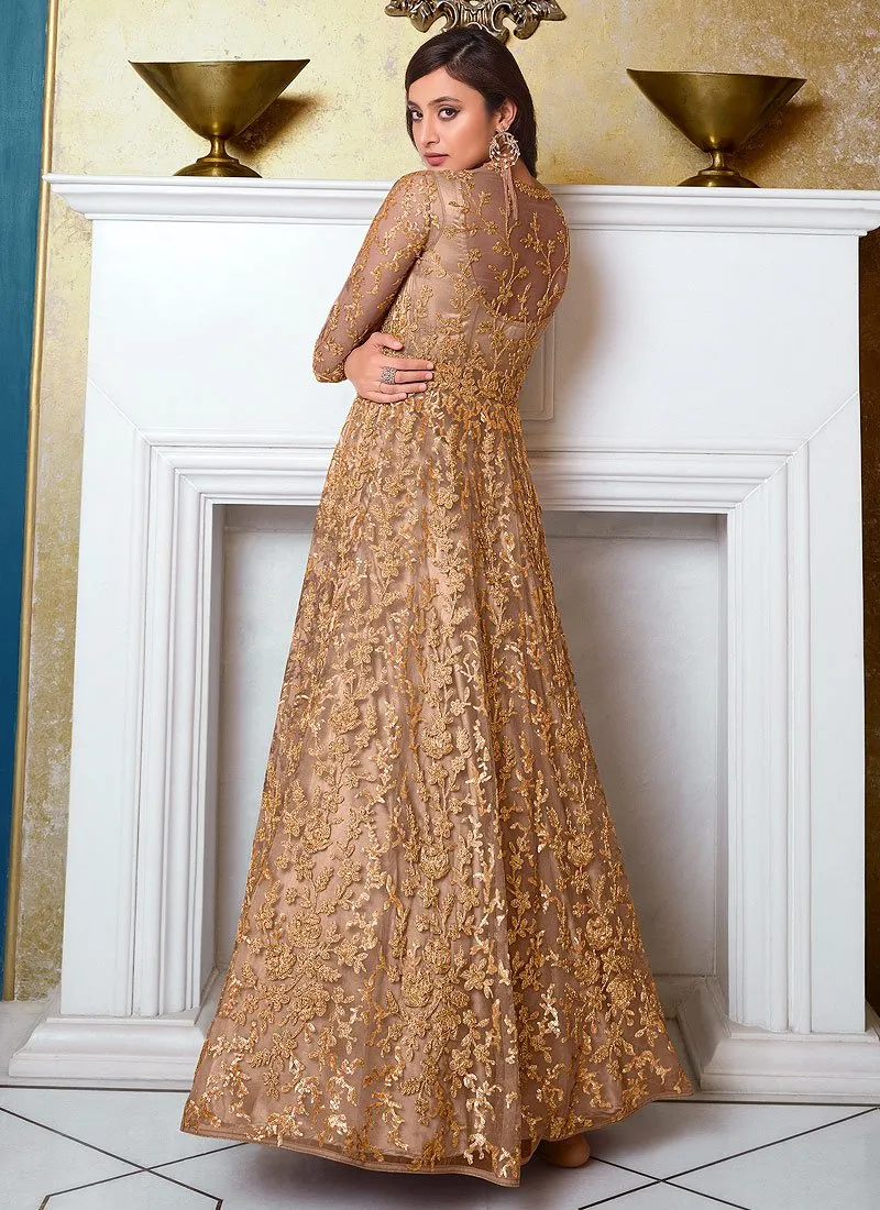 Beige Front Slit Sequins Embroidered Anarkali Suit