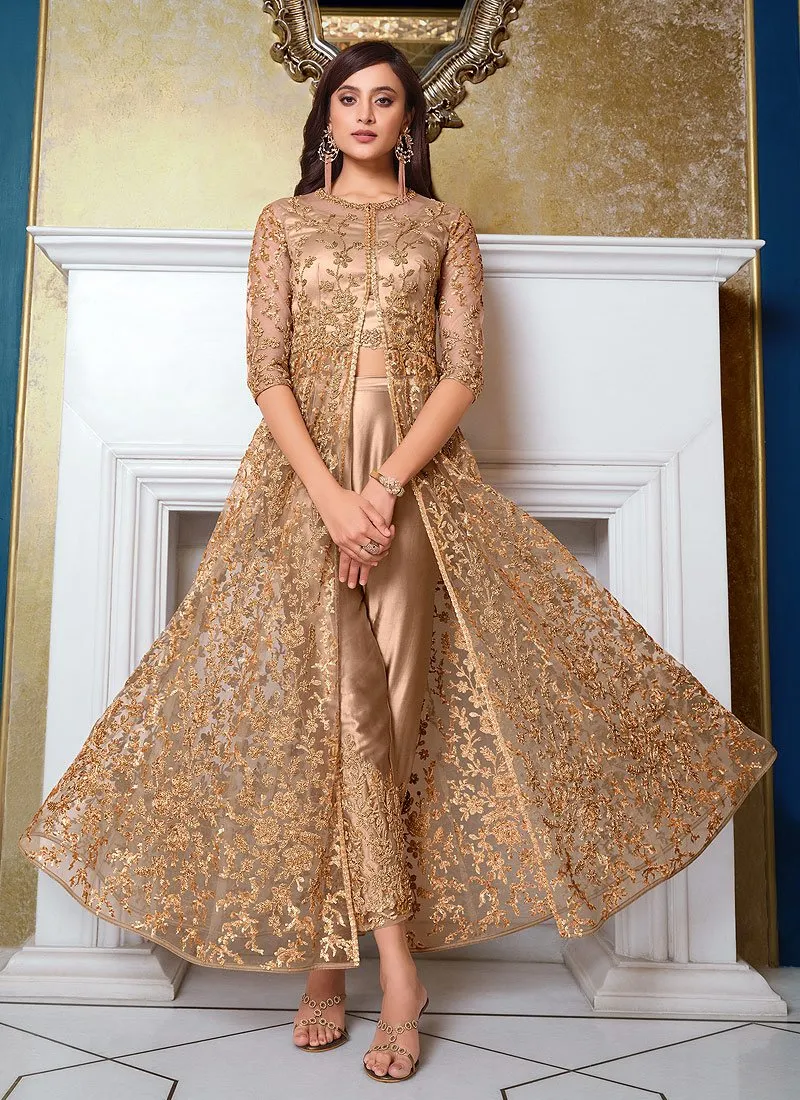 Beige Front Slit Sequins Embroidered Anarkali Suit