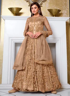 Beige Front Slit Sequins Embroidered Anarkali Suit