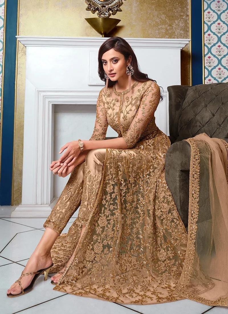 Beige Front Slit Sequins Embroidered Anarkali Suit