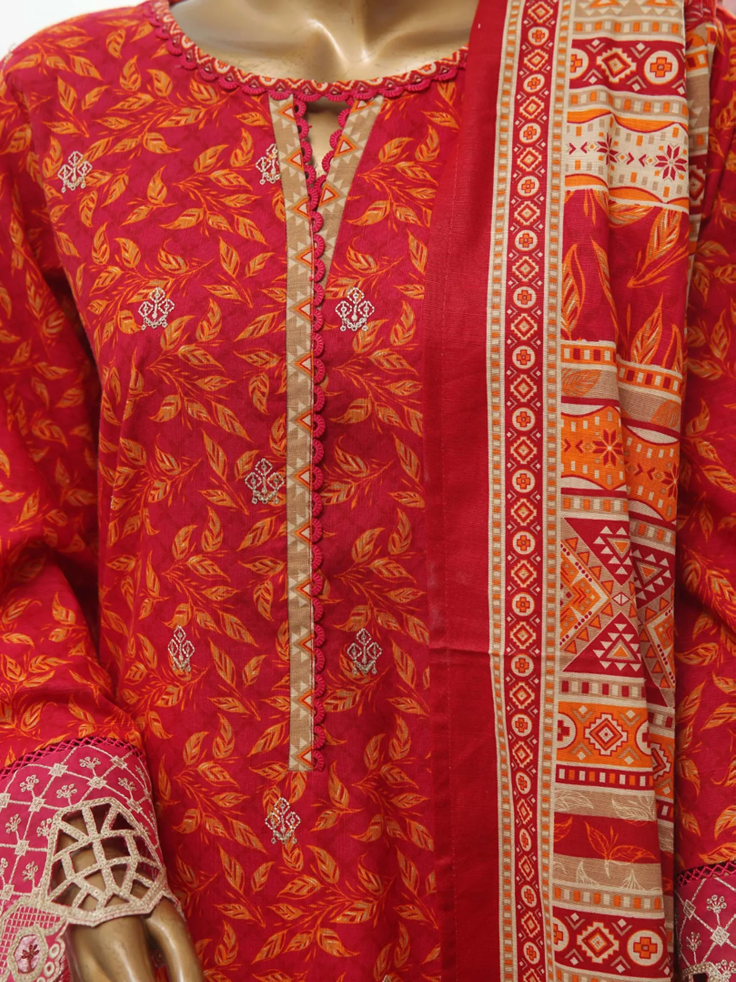 Bin Saeed Chikankari Embroidered Winter Khaddar Suit - Red