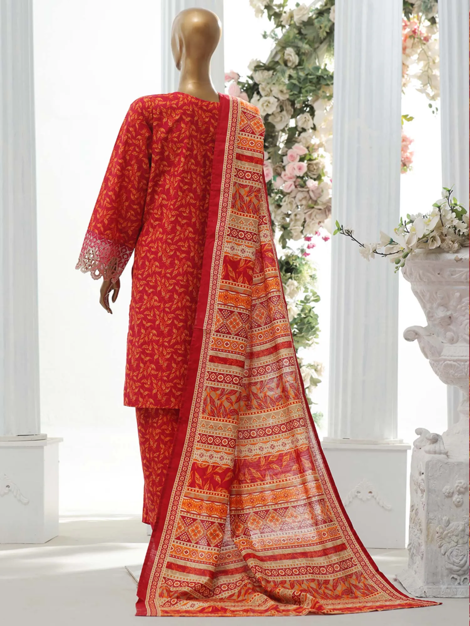 Bin Saeed Chikankari Embroidered Winter Khaddar Suit - Red