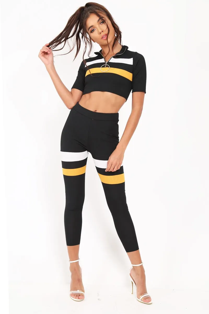 Black And Mustard Stripe Crop Top And Leggings Co-Ord - Ramey