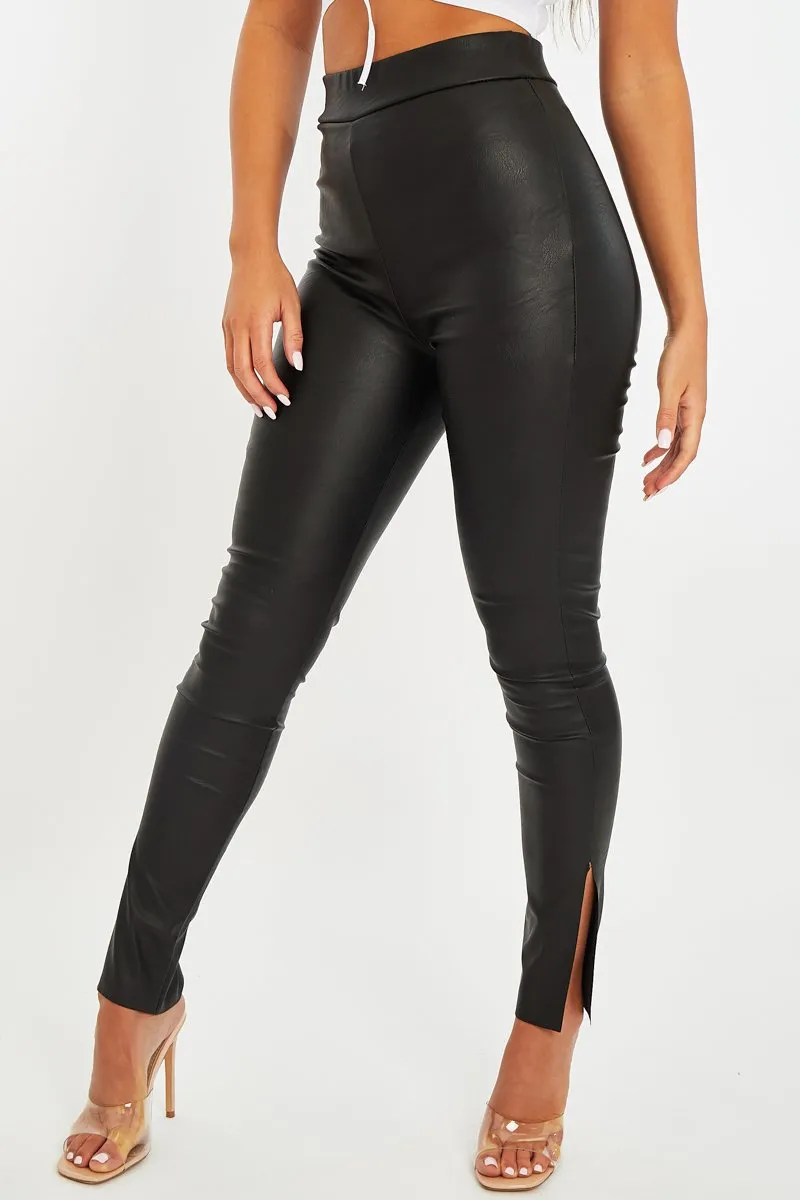 Black Faux Leather Side Split Leggings - Katiana