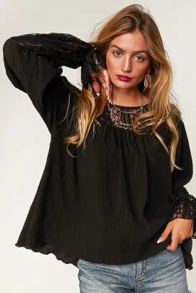 Black Lace Accordion Woven Raglan Blouse