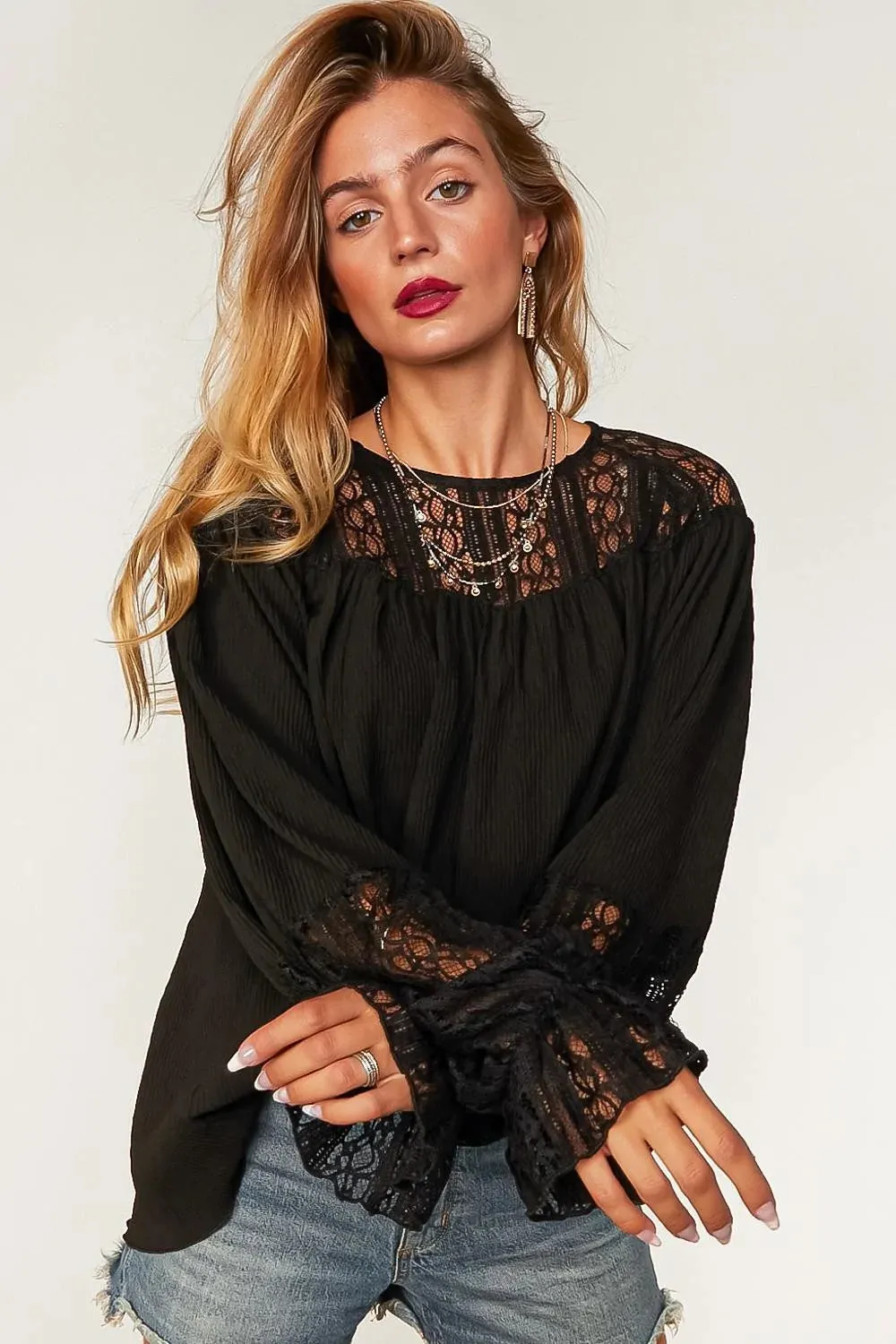 Black Lace Accordion Woven Raglan Blouse