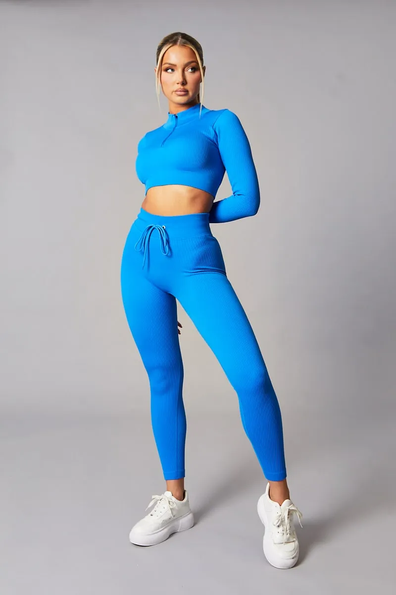 Blue Rib Knit Zip Front Crop Top & Leggings Set - Nico