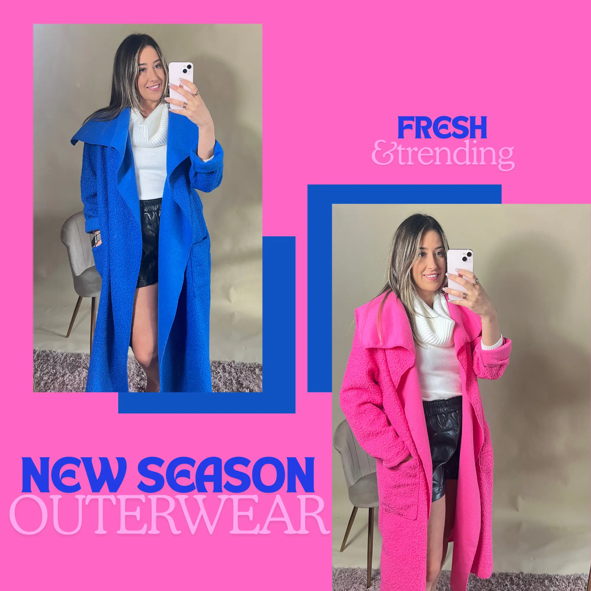 Boucle waterfall longline coat (Blue & Pink)