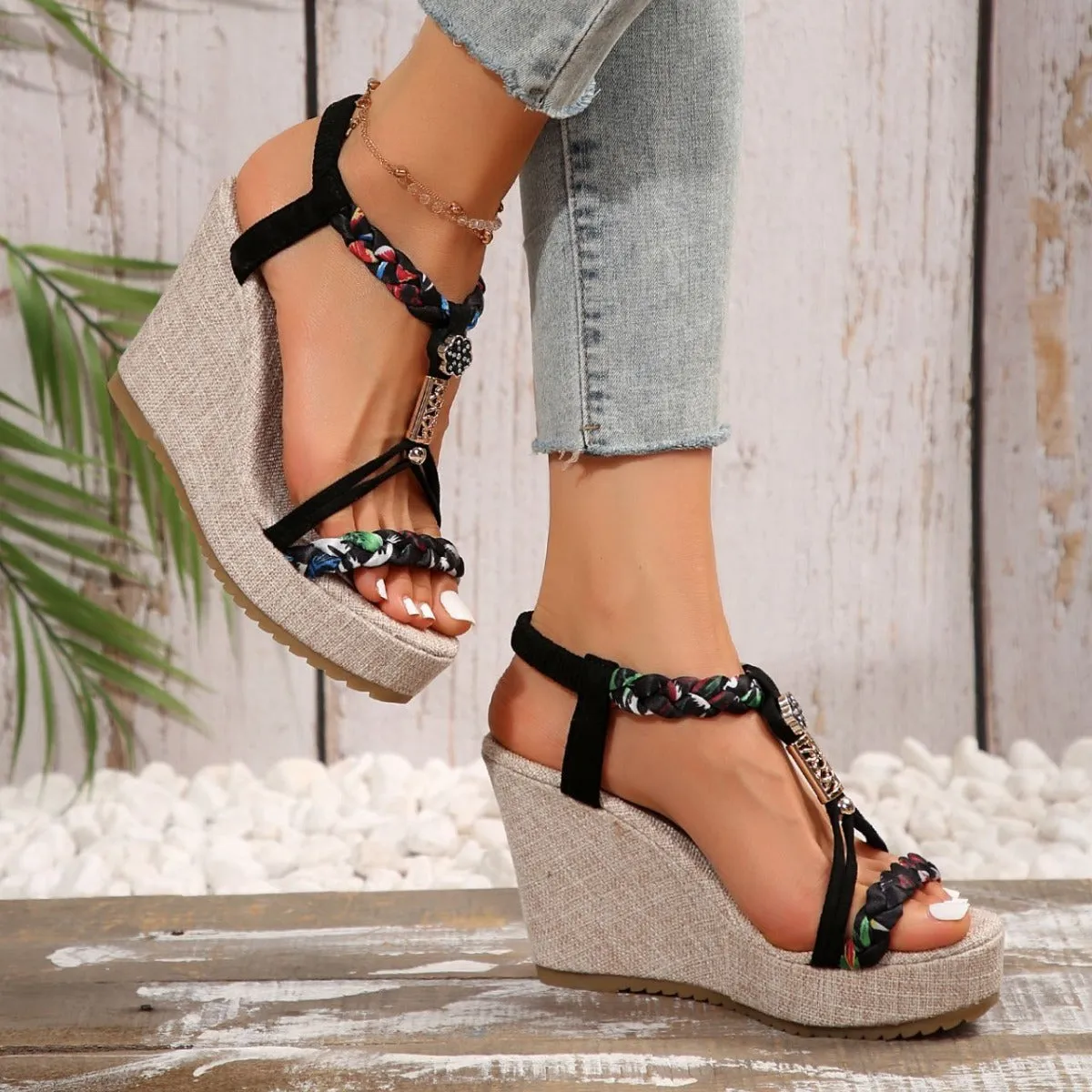 Braided Strap Wedge Sandals