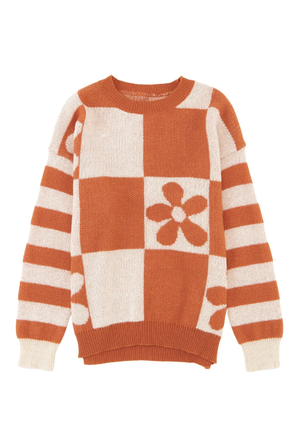 Brown Checkered and Striped Knitted Pullover Sweater