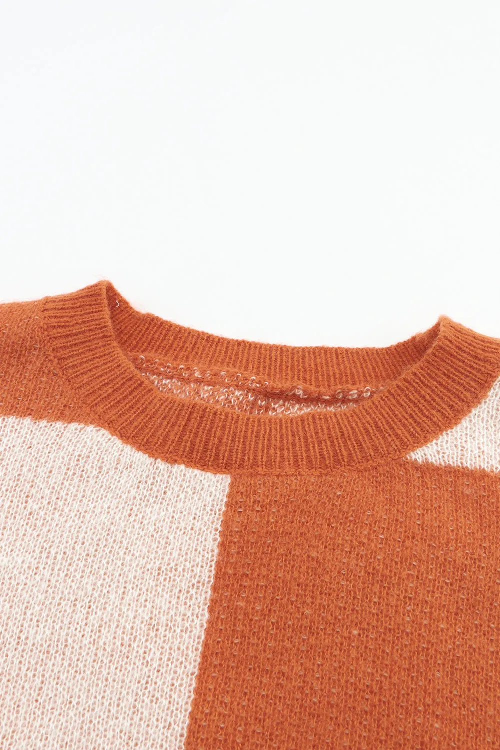 Brown Checkered and Striped Knitted Pullover Sweater