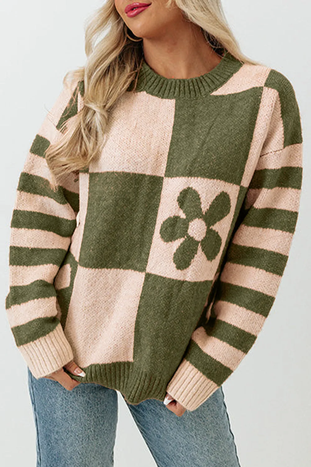 Brown Checkered and Striped Knitted Pullover Sweater