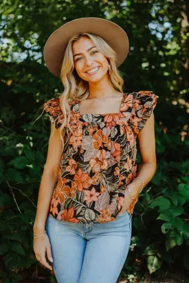 Brown Floral Flutter Sleeves Square Neck Blouse