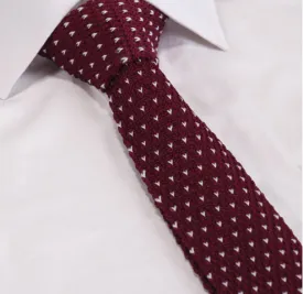 Burgundy Red Skinny Knit Tie with White V's