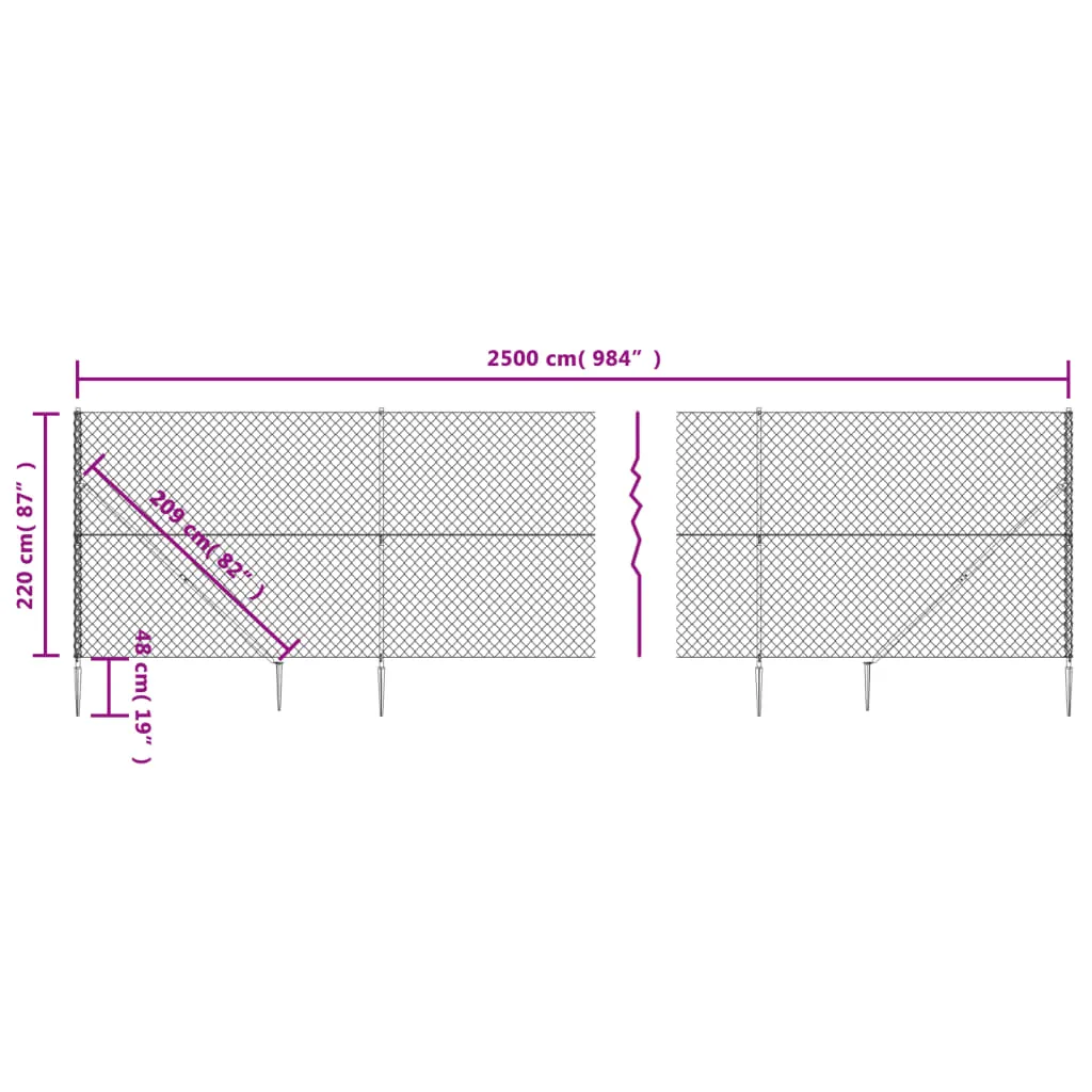 Chain Link Fence with Spike Anchors Anthracite 2.2x25 m