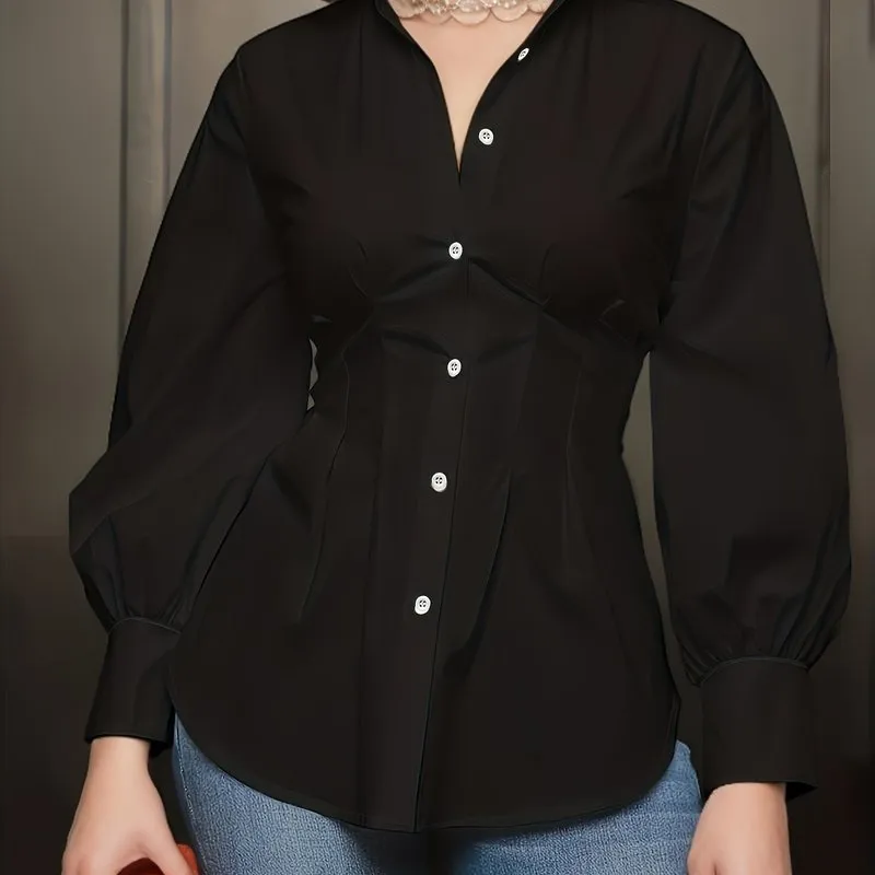 Chic Plus Size ButtonUp Blouse with Lantern Sleeves