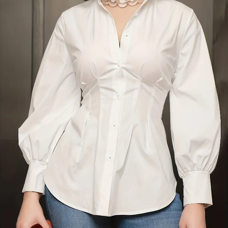 Chic Plus Size ButtonUp Blouse with Lantern Sleeves