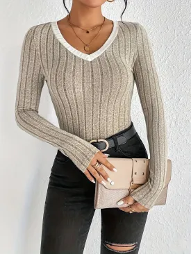 Chic Ribbed Trim Tee V Neck Long Sleeve SpringFall MustHave