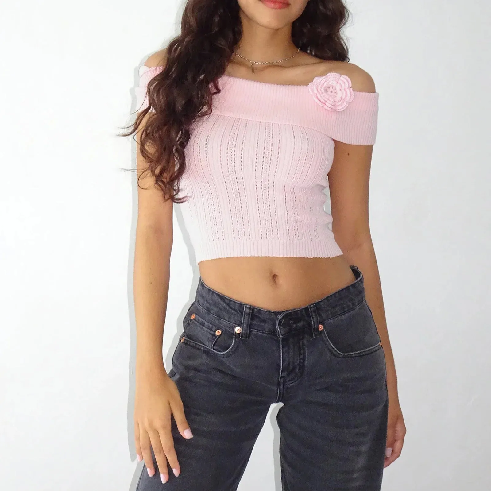 Crop Solid Color 3D Flower Boat Neck Off Shoulder Summer Slim Fit Streetwear Knit T-shirt