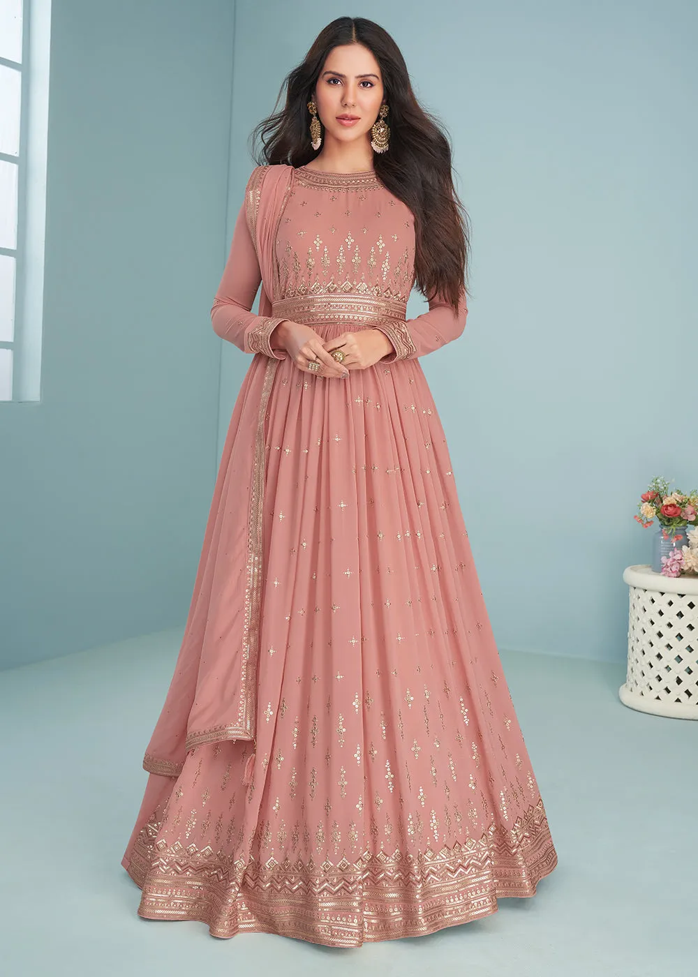 Enticing Rose Pink Wedding Wear Designer Anarkali Suit