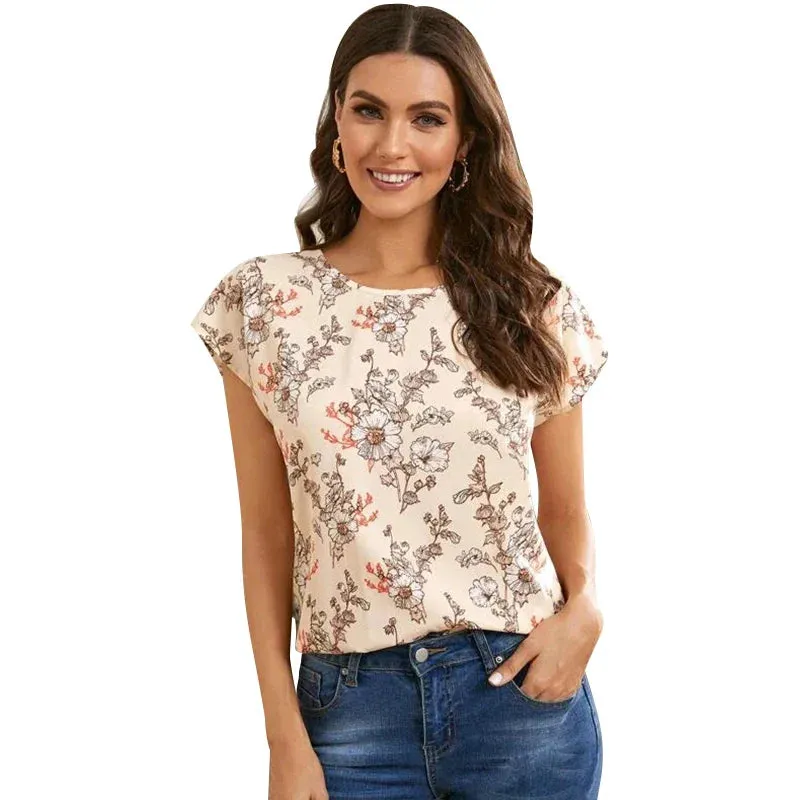 Fashion Casual Floral Print Round Neck Holiday Summer T-shirt