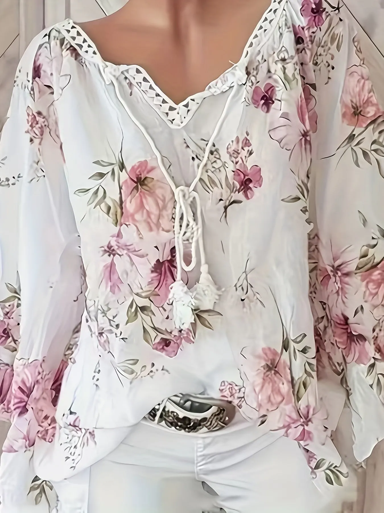 Floral Print Lace Blouse Plus Size Long Sleeve Tunic