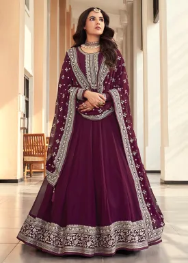 Georgette Wine Purple Embroidered Indian Long Anarkali Dress