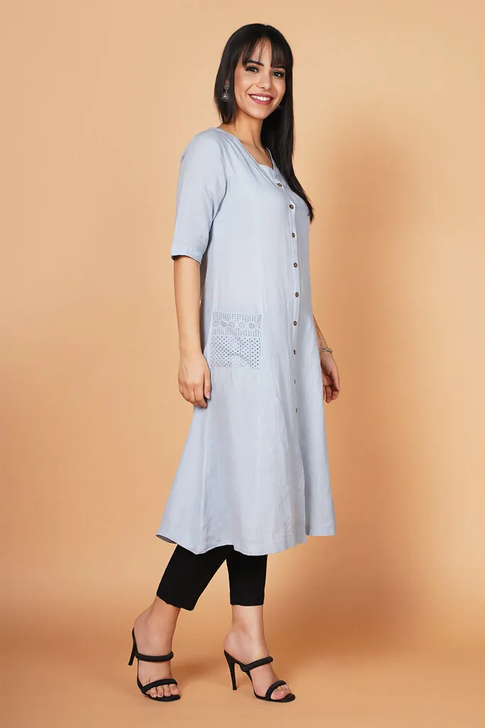 Ice Blue A-line Linen Kurta