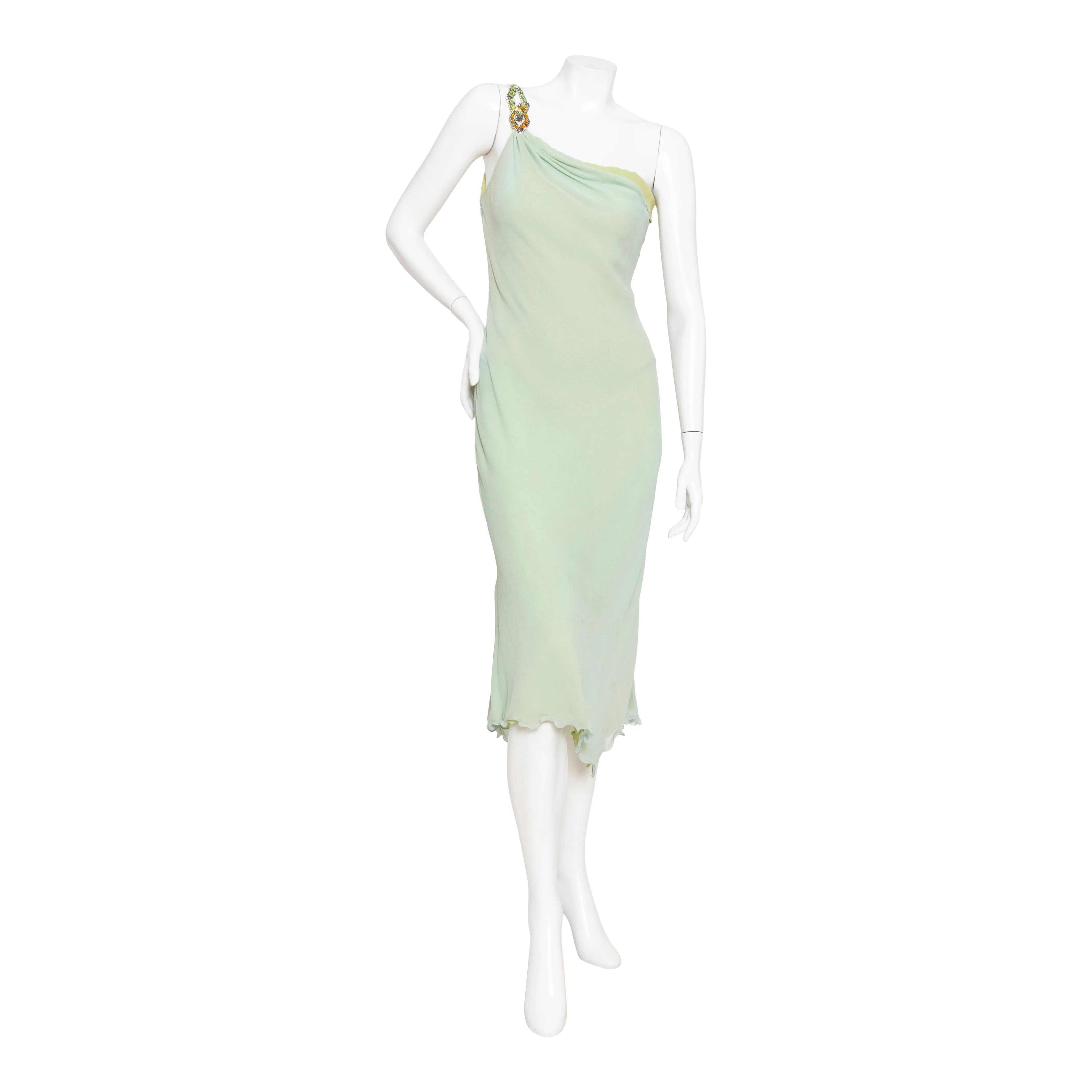 Late 1980s Green Crystal and Silk One Shoulder Dress