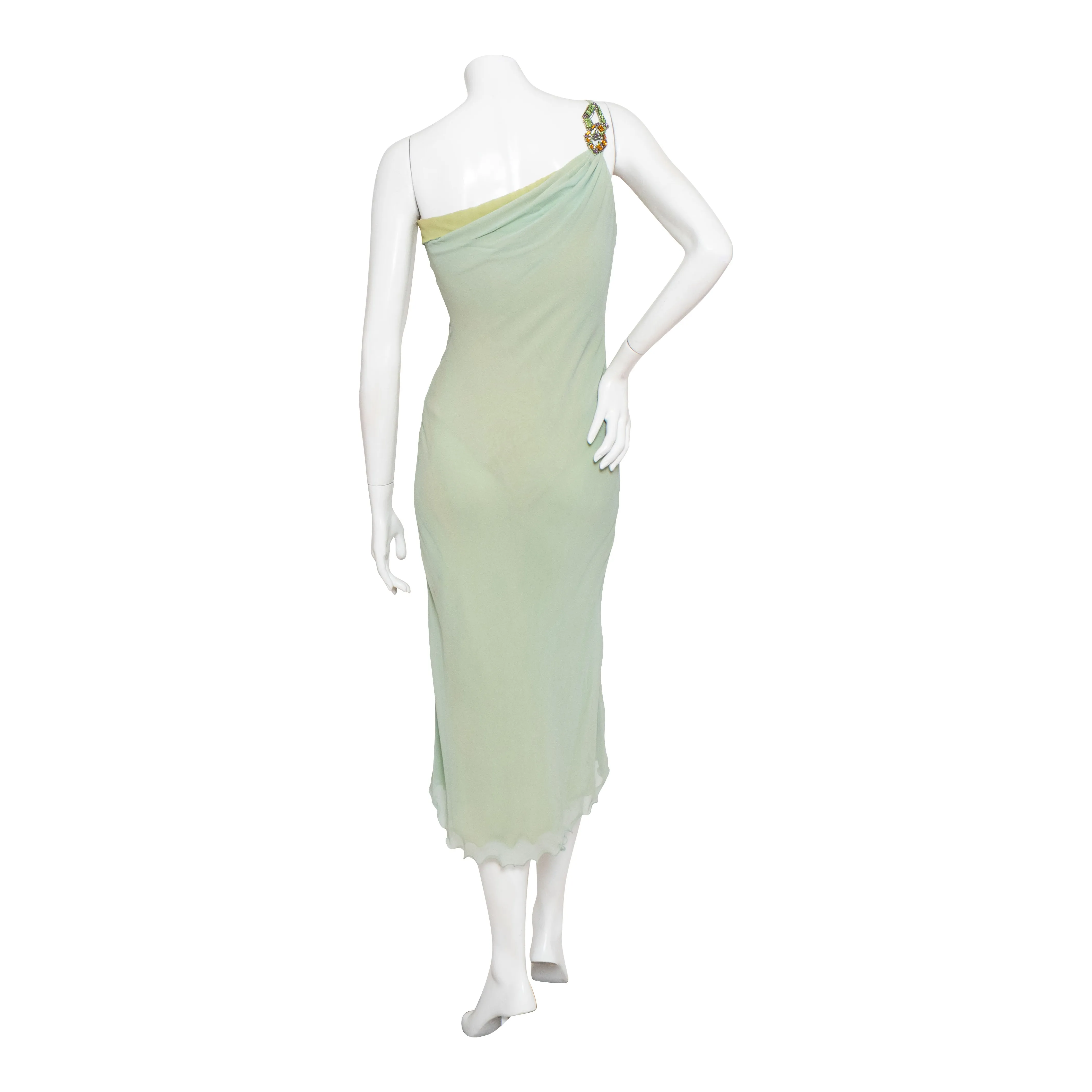 Late 1980s Green Crystal and Silk One Shoulder Dress