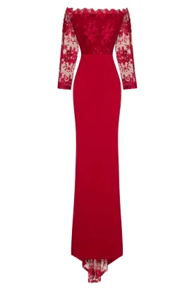 Meghan Berry Red Off The Shoulder Bardot Lace Fishtail Maxi Dress