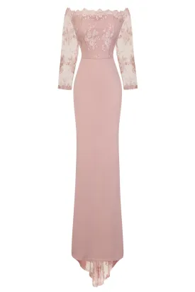 Meghan Mauve Off The Shoulder Bardot Lace Fishtail Maxi Dress