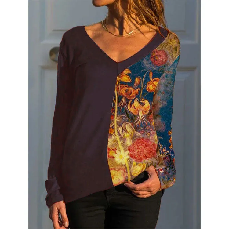 New V-neck long-sleeved positioning printing t-shirt