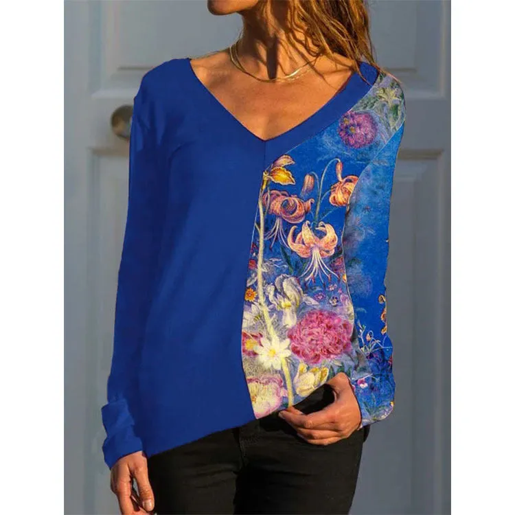 New V-neck long-sleeved positioning printing t-shirt