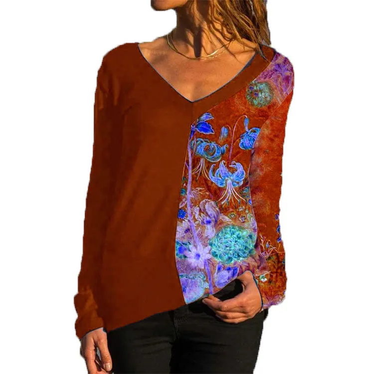 New V-neck long-sleeved positioning printing t-shirt