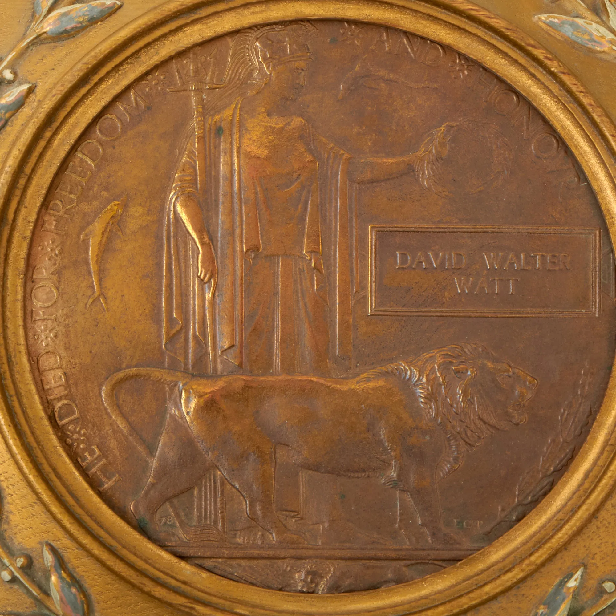 Original British WWI Framed KIA Death Penny Soldier Memorial As Featured In The Book “Trench Art, An Illustrated History” by Jane Kimball on Page 310- David Walter Watt