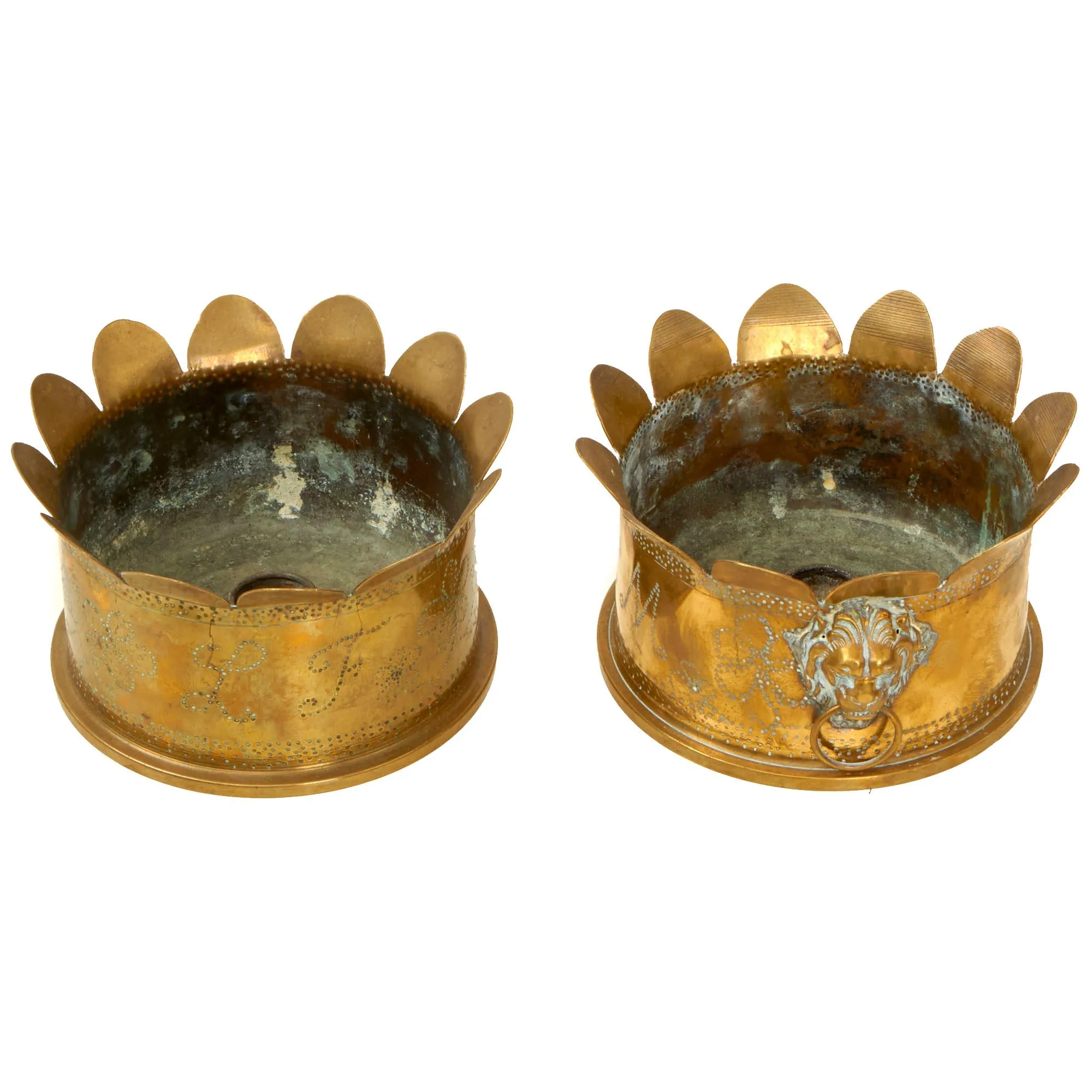 Original British WWI Pair of Howitzer Trench Art Shells with Flowers & Lion’s Head - 1917 Dated