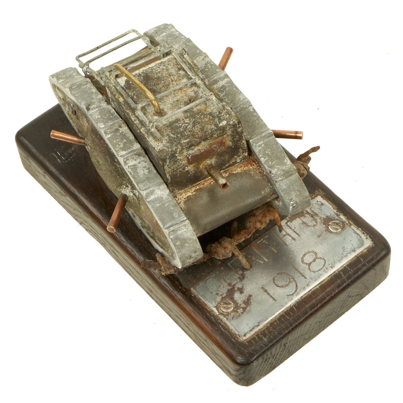 Original British WWI Trench Art Mk V Tank Model with Inscribed Ol’Faithful 1918 Plaque