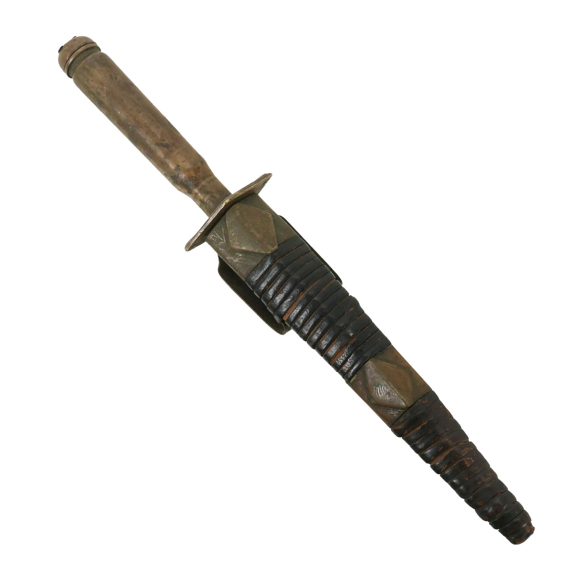 Original British WWII Fairbairn-Sykes Style Trench Knife with Bullet Casing Handle & Leather-Wrapped Scabbard